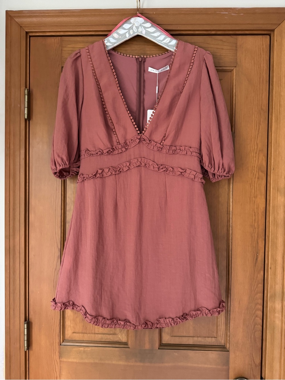 Saints + Secrets (Selfie Leslie) Mauve Ruffle-Trim V-Neck Dress